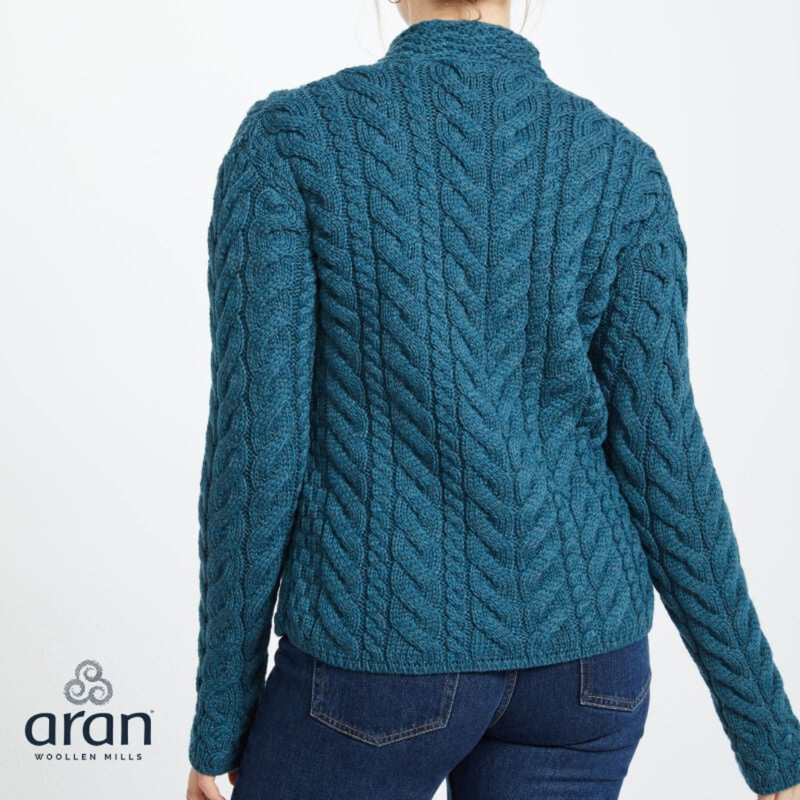 Ladies Luxury Merino Wool Trellis Multi Aran Cable Knit Cardigan  Teal